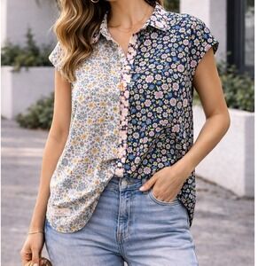 American Eagle Patchwork Floral Button Down Shirt XL Relaxed Boxy Short‎ Sleeve